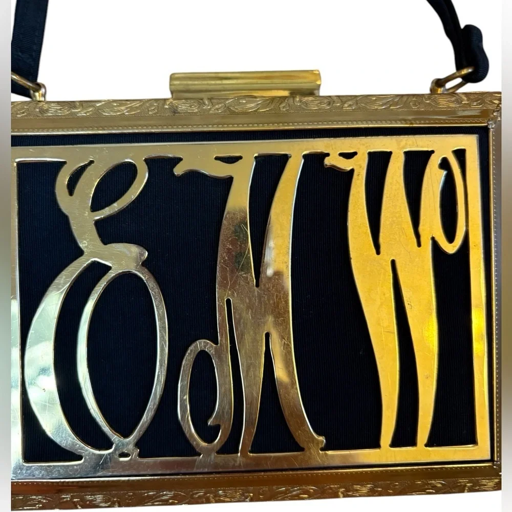 Tyorlean Vintage RARE Gold Box Purse Black and Gold Monogram Clutch